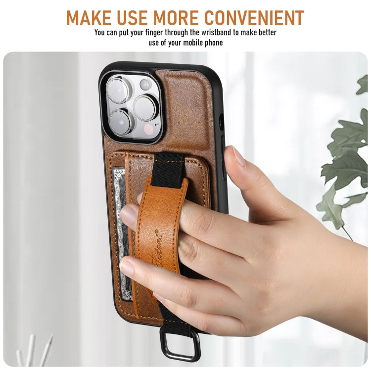 For iPhone 16 Suteni H13 Card Wallet Wrist Strap Holder PU Phone Case