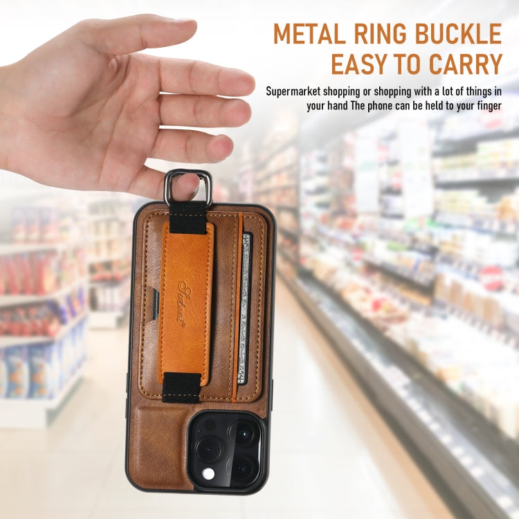 For iPhone 16 Suteni H13 Card Wallet Wrist Strap Holder PU Phone Case