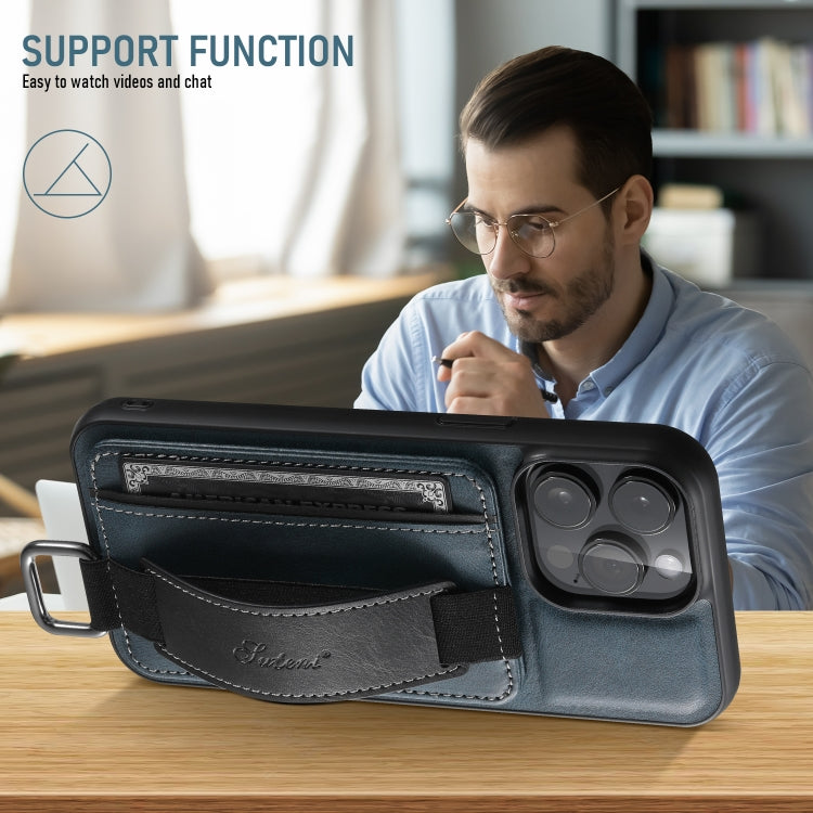 For iPhone 16 Suteni H13 Card Wallet Wrist Strap Holder PU Phone Case