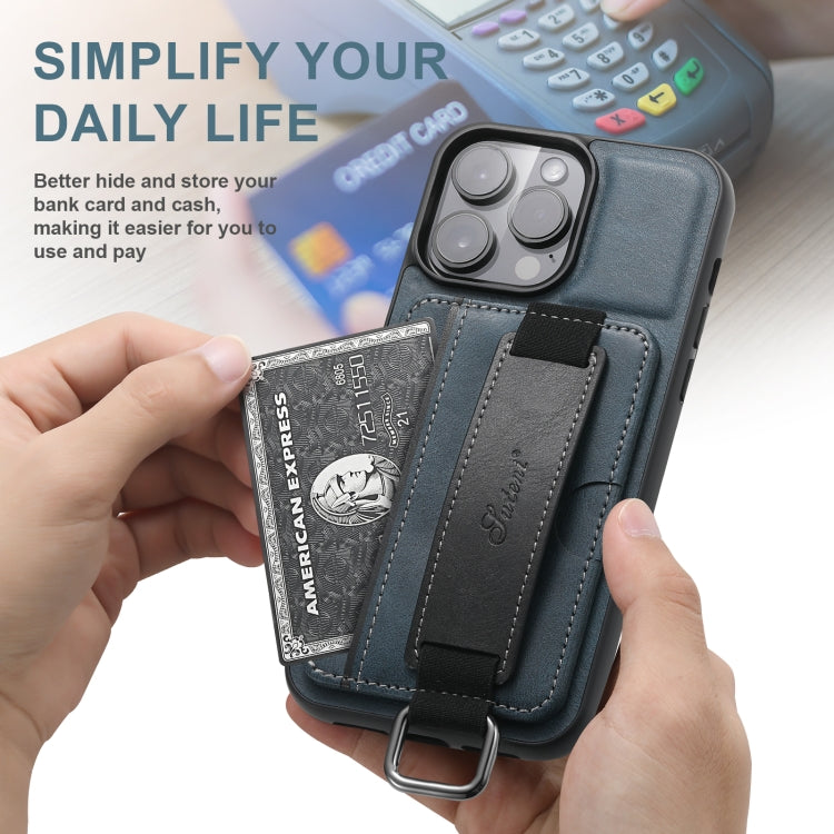 For iPhone 16 Suteni H13 Card Wallet Wrist Strap Holder PU Phone Case