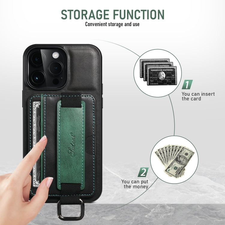 For iPhone 16 Plus Suteni H13 Card Wallet Wrist Strap Holder PU Phone Case