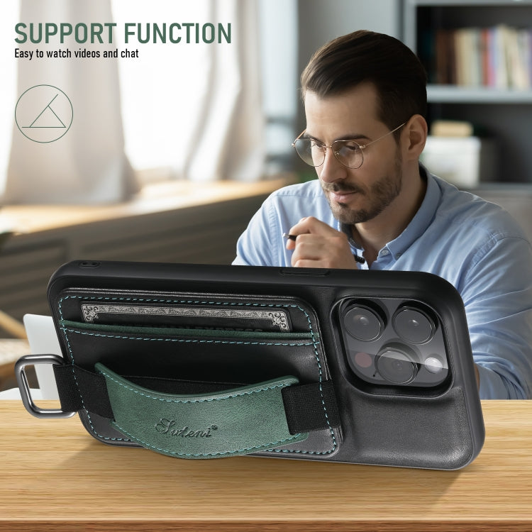 For iPhone 16 Plus Suteni H13 Card Wallet Wrist Strap Holder PU Phone Case