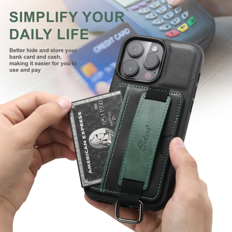For iPhone 16 Plus Suteni H13 Card Wallet Wrist Strap Holder PU Phone Case