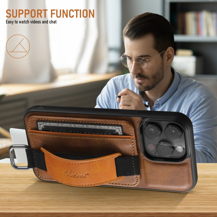 For iPhone 16 Plus Suteni H13 Card Wallet Wrist Strap Holder PU Phone Case