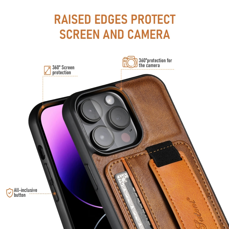 For iPhone 16 Plus Suteni H13 Card Wallet Wrist Strap Holder PU Phone Case