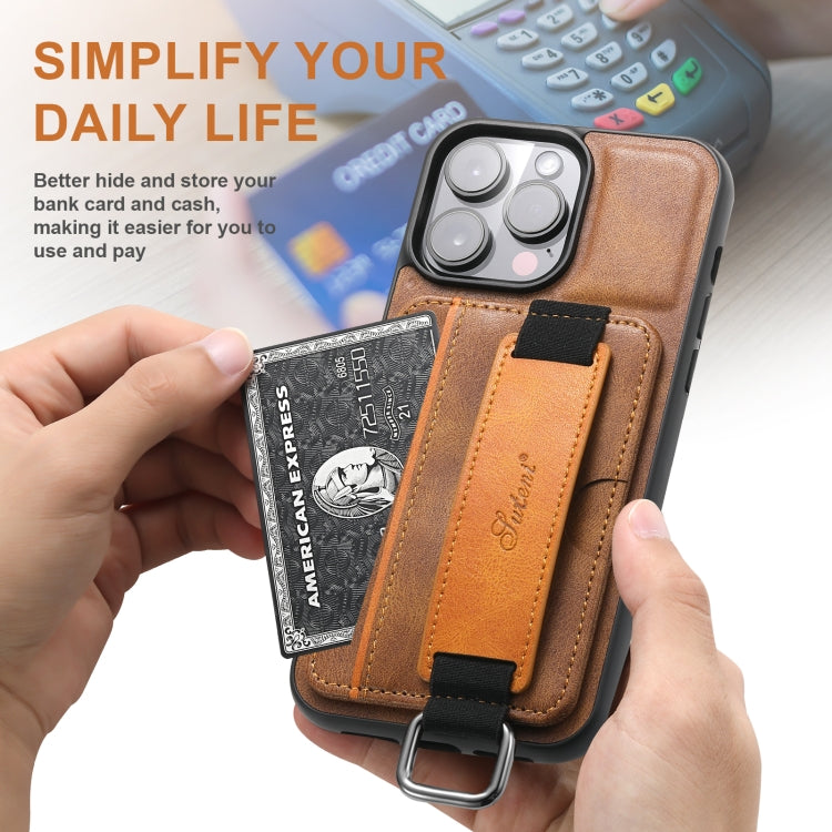 For iPhone 16 Plus Suteni H13 Card Wallet Wrist Strap Holder PU Phone Case