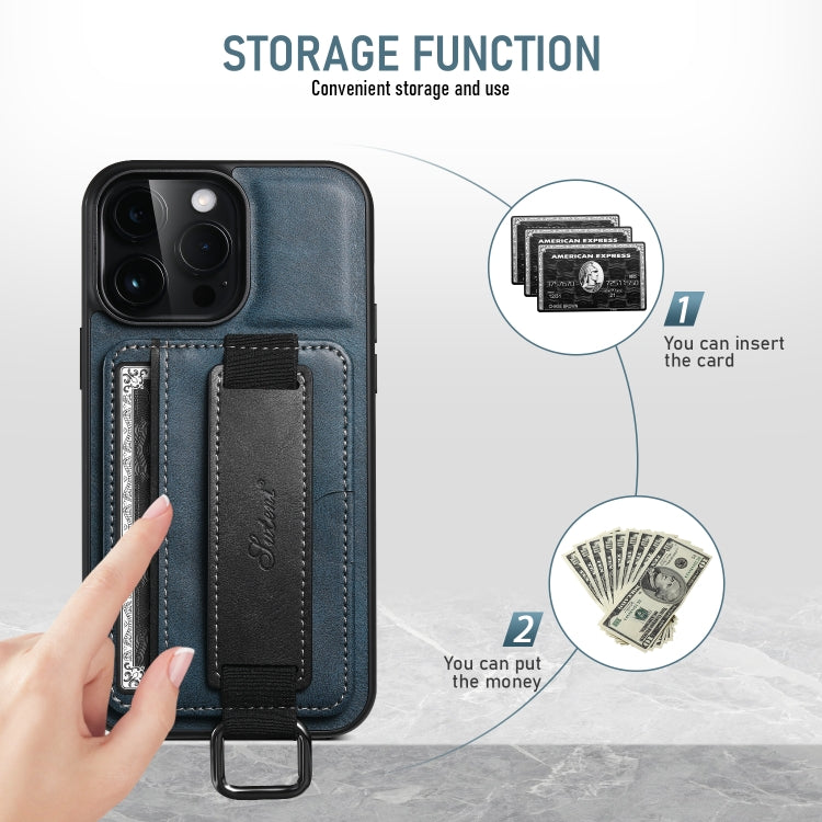 For iPhone 16 Plus Suteni H13 Card Wallet Wrist Strap Holder PU Phone Case