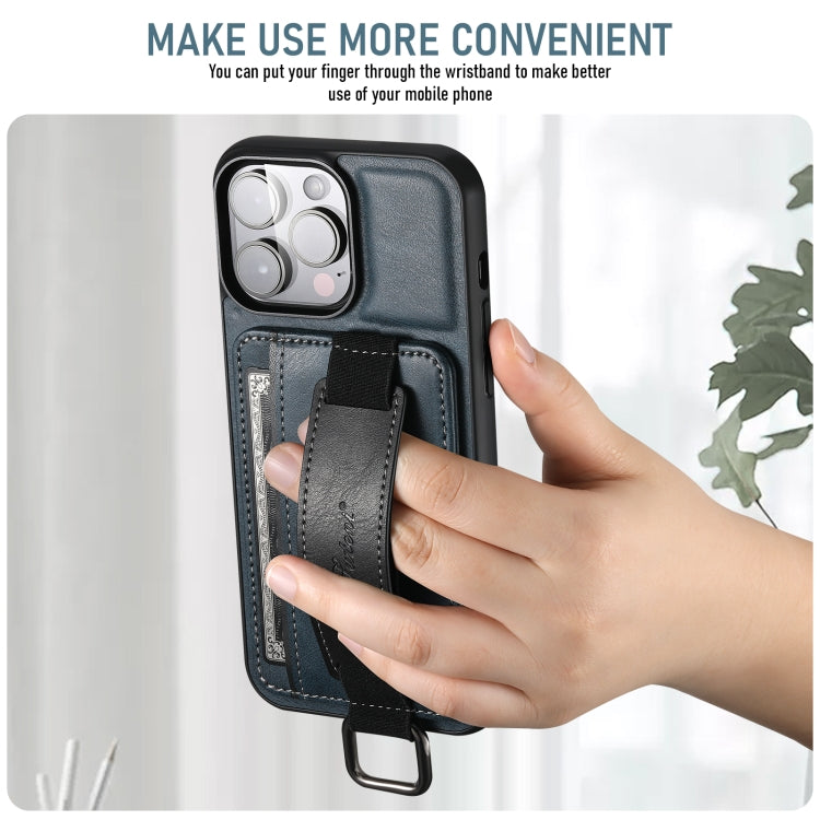 For iPhone 16 Plus Suteni H13 Card Wallet Wrist Strap Holder PU Phone Case