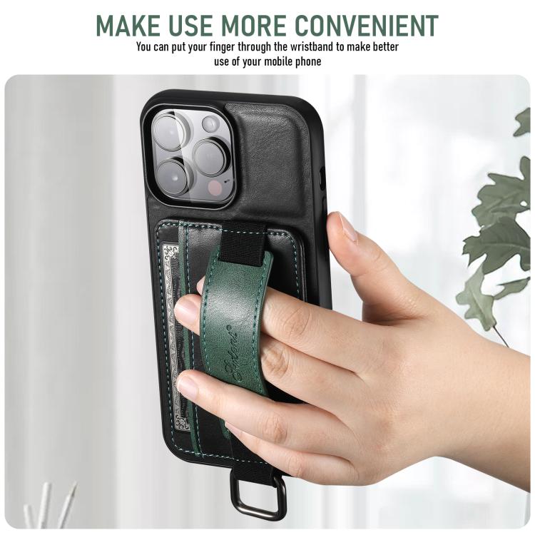 For iPhone 17e / 16e Suteni H13 Card Wallet Wrist Strap Holder PU Phone Case