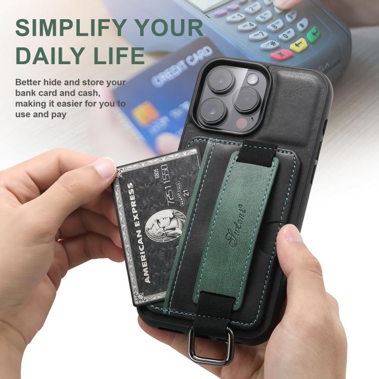 For iPhone 17e / 16e Suteni H13 Card Wallet Wrist Strap Holder PU Phone Case