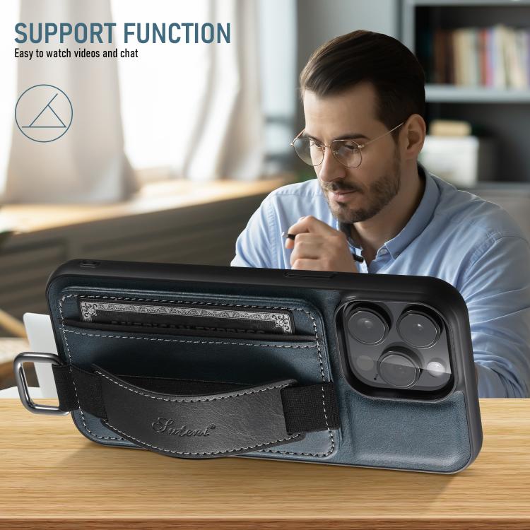 For iPhone 17e / 16e Suteni H13 Card Wallet Wrist Strap Holder PU Phone Case