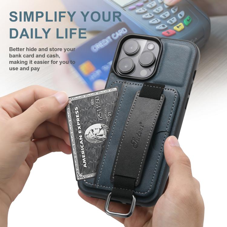 For iPhone 17e / 16e Suteni H13 Card Wallet Wrist Strap Holder PU Phone Case