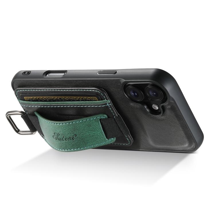 For iPhone 17 Suteni H13 Card Wallet Wrist Strap Holder PU Phone Case
