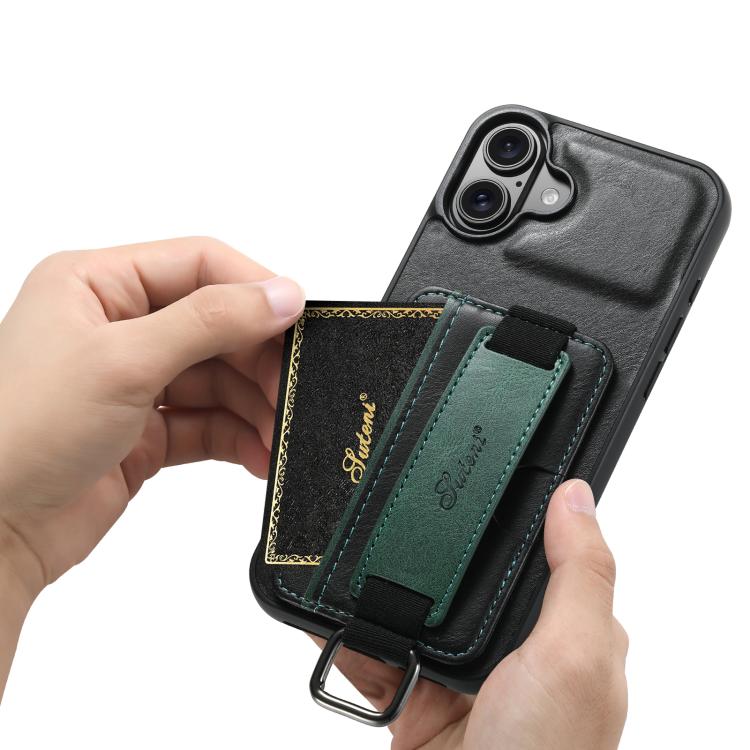 For iPhone 17 Suteni H13 Card Wallet Wrist Strap Holder PU Phone Case