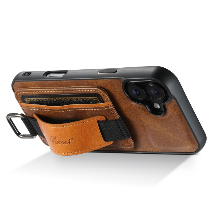 For iPhone 17 Suteni H13 Card Wallet Wrist Strap Holder PU Phone Case
