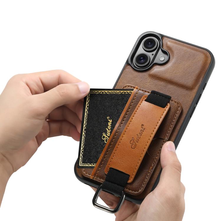 For iPhone 17 Suteni H13 Card Wallet Wrist Strap Holder PU Phone Case
