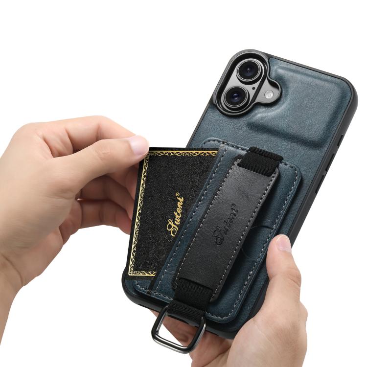 For iPhone 17 Suteni H13 Card Wallet Wrist Strap Holder PU Phone Case