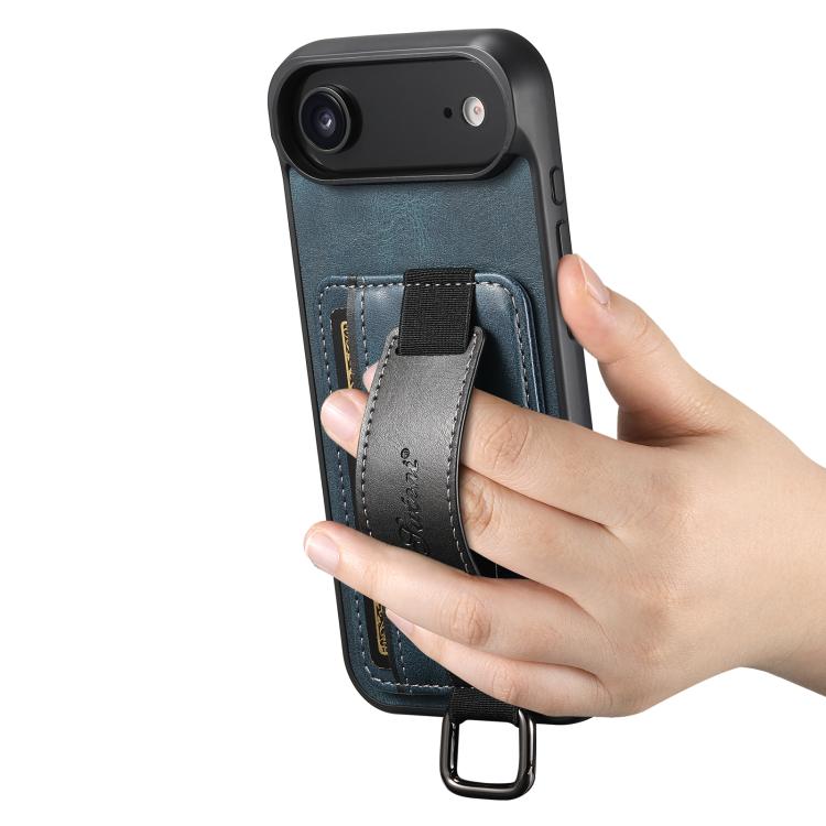 For iPhone  Air Suteni H13 Card Wallet Wrist Strap Holder PU Phone Case