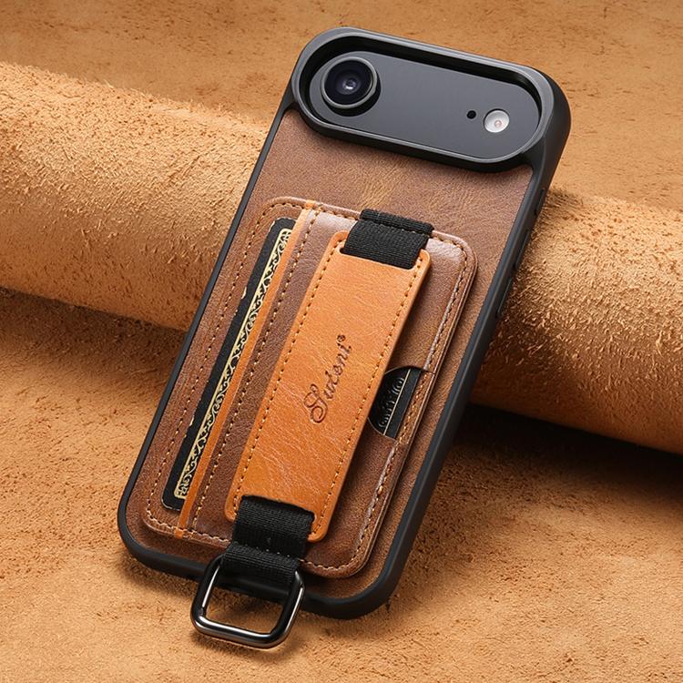 For iPhone  Air Suteni H13 Card Wallet Wrist Strap Holder PU Phone Case