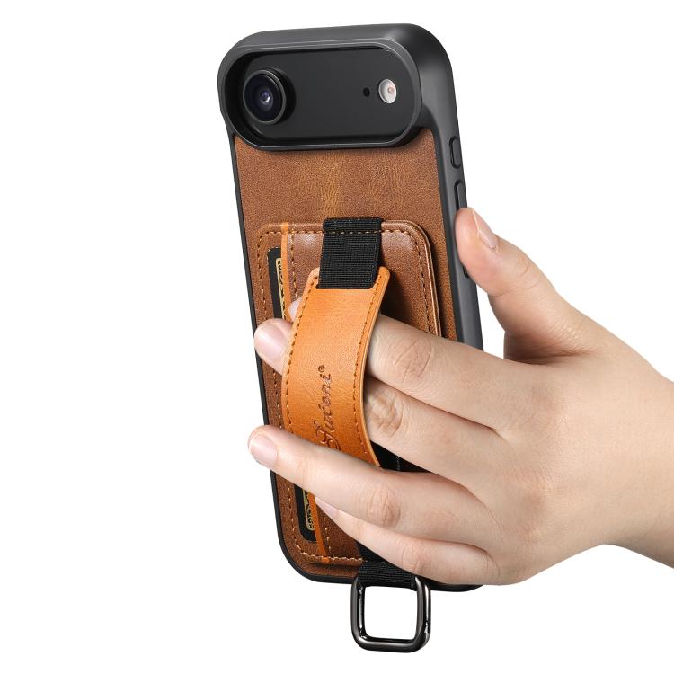 For iPhone  Air Suteni H13 Card Wallet Wrist Strap Holder PU Phone Case