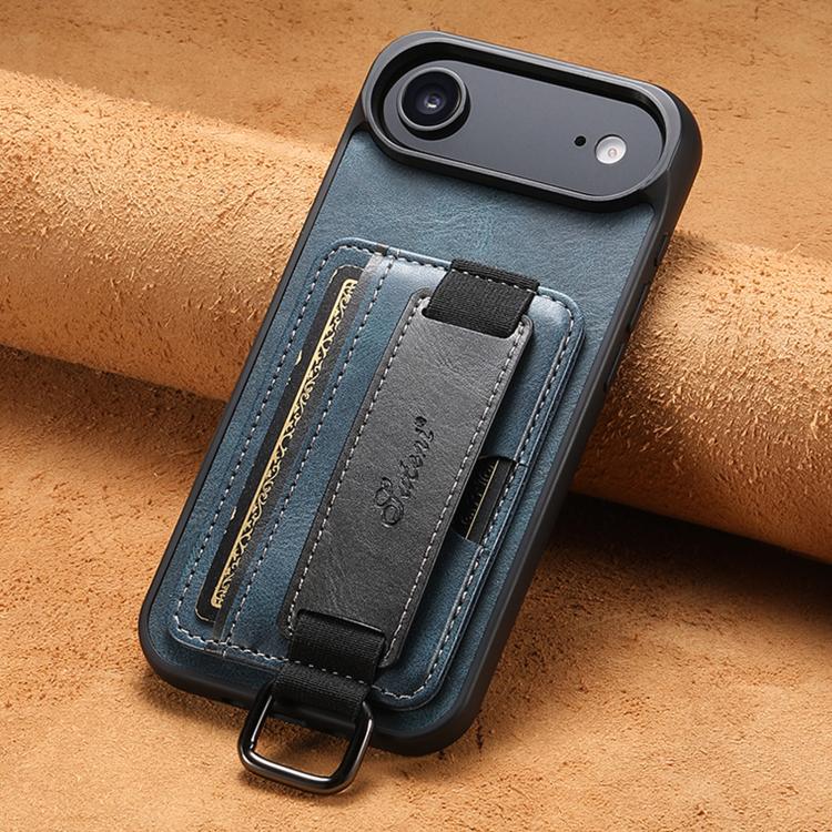 For iPhone  Air Suteni H13 Card Wallet Wrist Strap Holder PU Phone Case