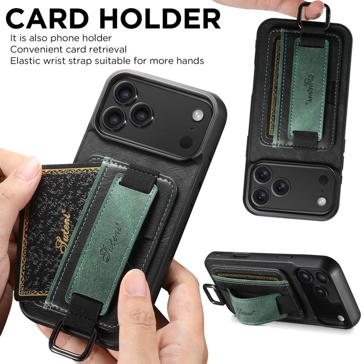 For iPhone 17 Pro Suteni H13 Card Wallet Wrist Strap Holder PU Phone Case