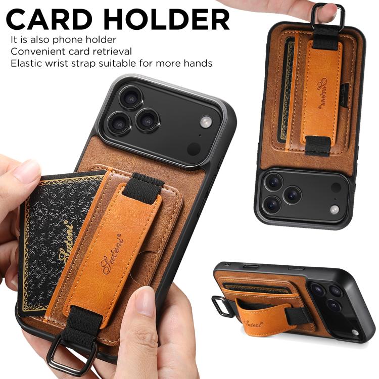 For iPhone 17 Pro Suteni H13 Card Wallet Wrist Strap Holder PU Phone Case