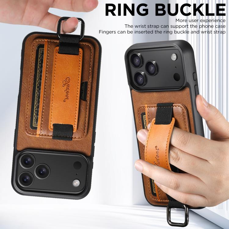 For iPhone 17 Pro Suteni H13 Card Wallet Wrist Strap Holder PU Phone Case