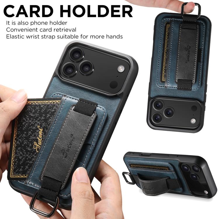 For iPhone 17 Pro Suteni H13 Card Wallet Wrist Strap Holder PU Phone Case