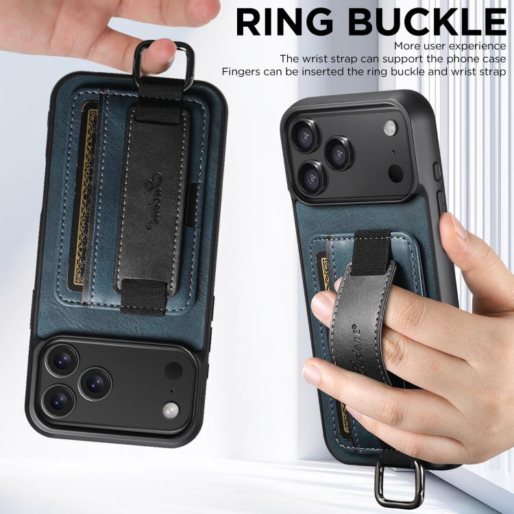 For iPhone 17 Pro Suteni H13 Card Wallet Wrist Strap Holder PU Phone Case