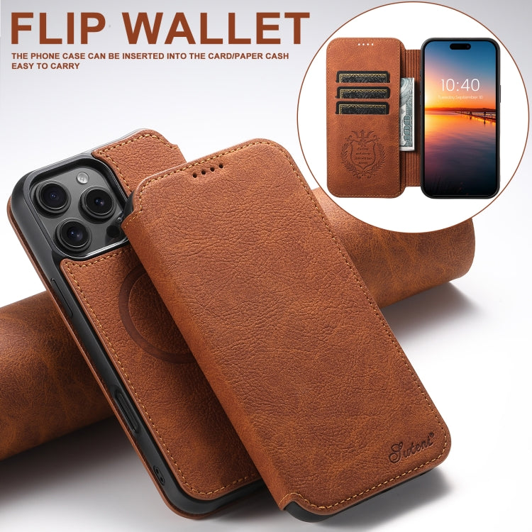 For iPhone 16 Pro Max Suteni J06 Retro Matte Litchi Texture Leather MagSafe Phone Case