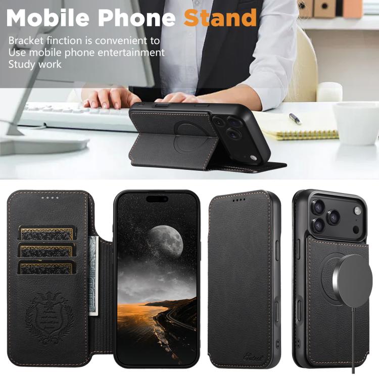 For iPhone 17 Suteni J06 Retro Matte Litchi Texture Leather MagSafe Phone Case