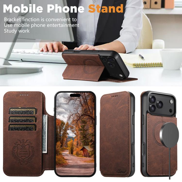 For iPhone 17 Suteni J06 Retro Matte Litchi Texture Leather MagSafe Phone Case