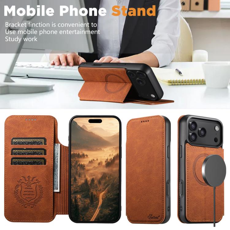For iPhone 17 Suteni J06 Retro Matte Litchi Texture Leather MagSafe Phone Case