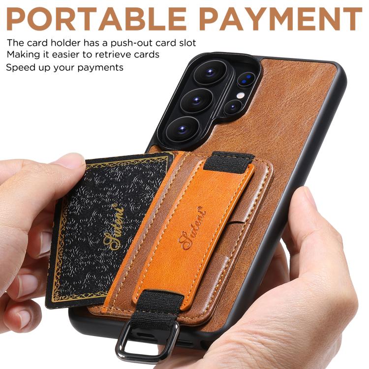 For Samsung Galaxy S25 Ultra 5G Suteni H13 Card Wallet Wrist Strap Holder PU Phone Case