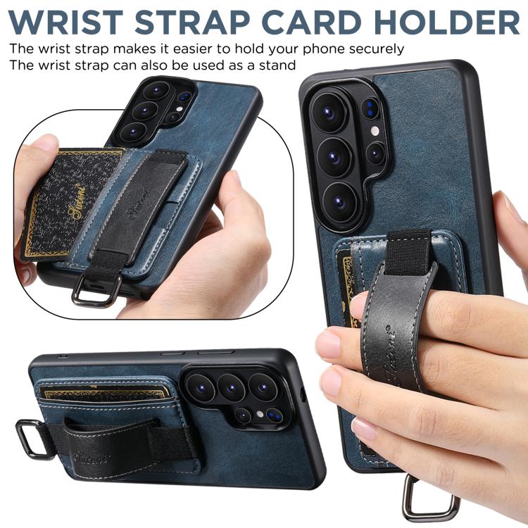For Samsung Galaxy S25 Ultra 5G Suteni H13 Card Wallet Wrist Strap Holder PU Phone Case