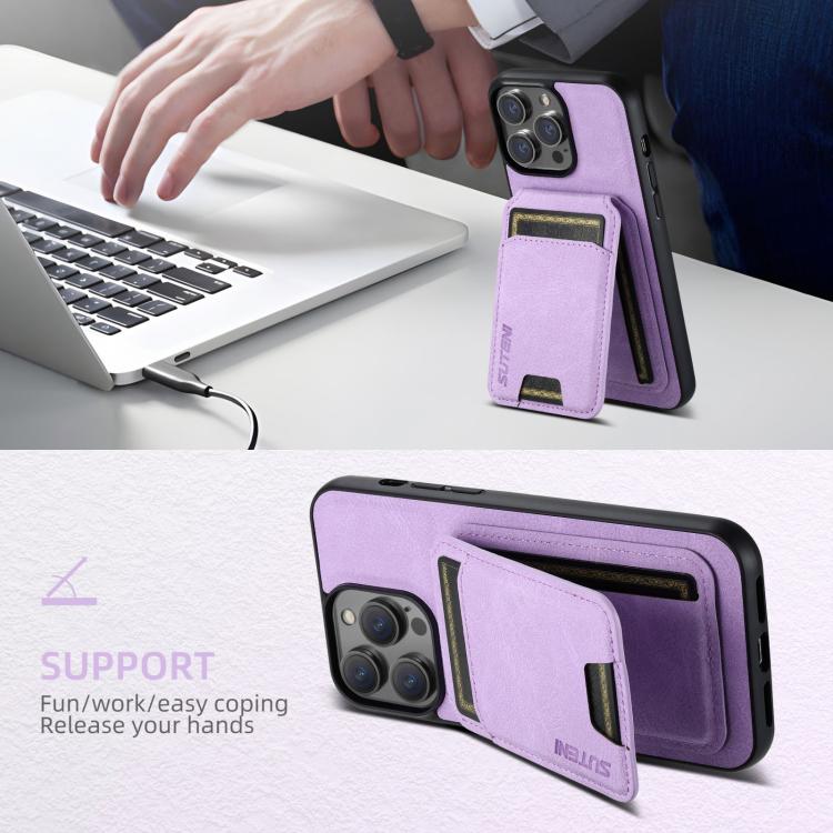 For iPhone 17e / 16e Suteni H02 Litchi Leather Card Wallet Stand Back Phone Case