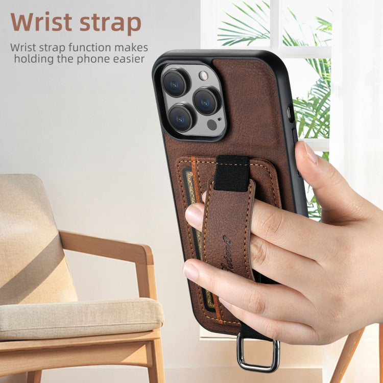 For iPhone 16 Pro Suteni H13 Litchi Leather Wrist Strap Wallet Back Phone Case