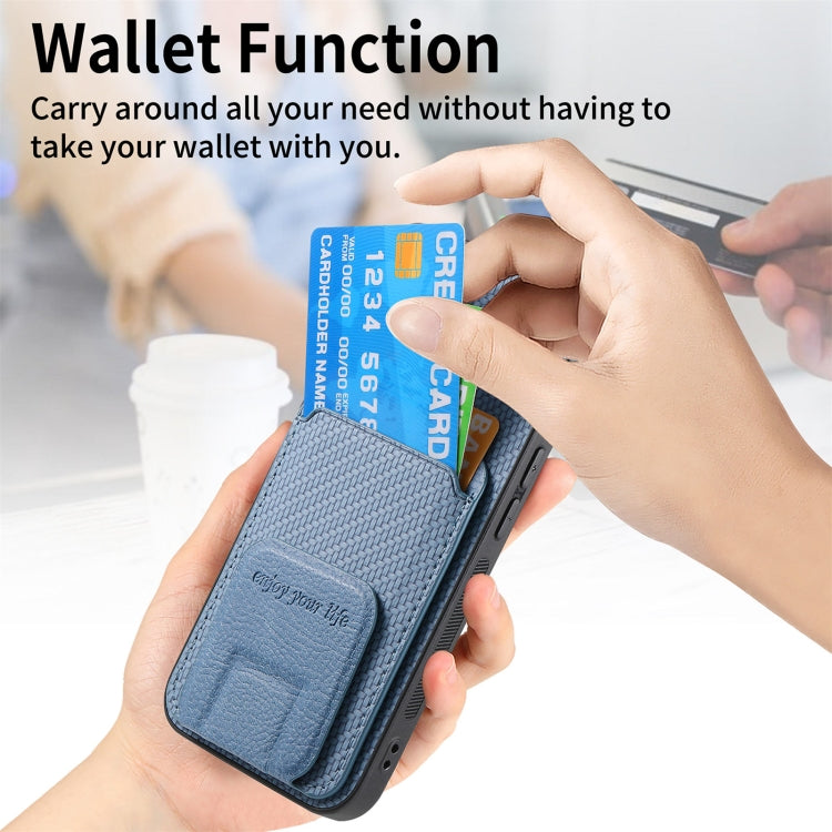 For iPhone 16 Carbon Fiber Card Bag Fold Stand Phone Case