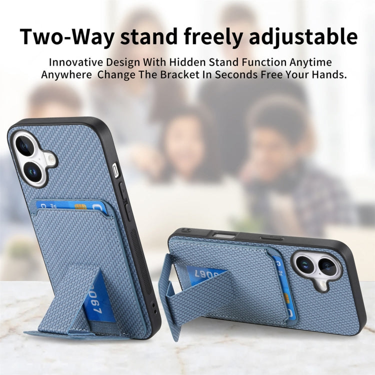 For iPhone 16 Carbon Fiber Card Bag Fold Stand Phone Case