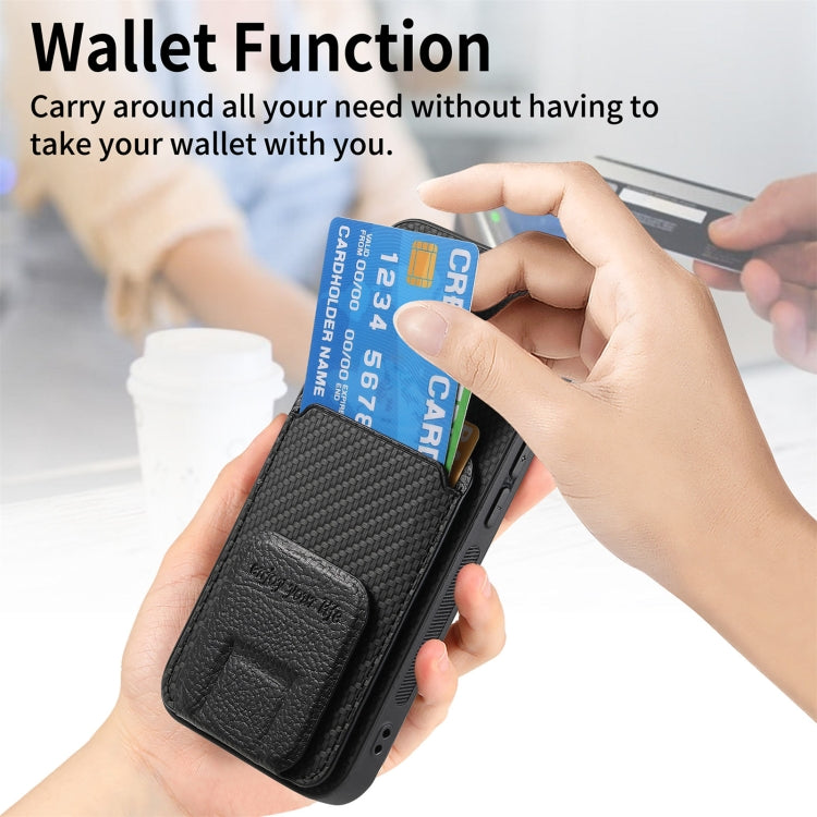 For iPhone 16 Carbon Fiber Card Bag Fold Stand Phone Case