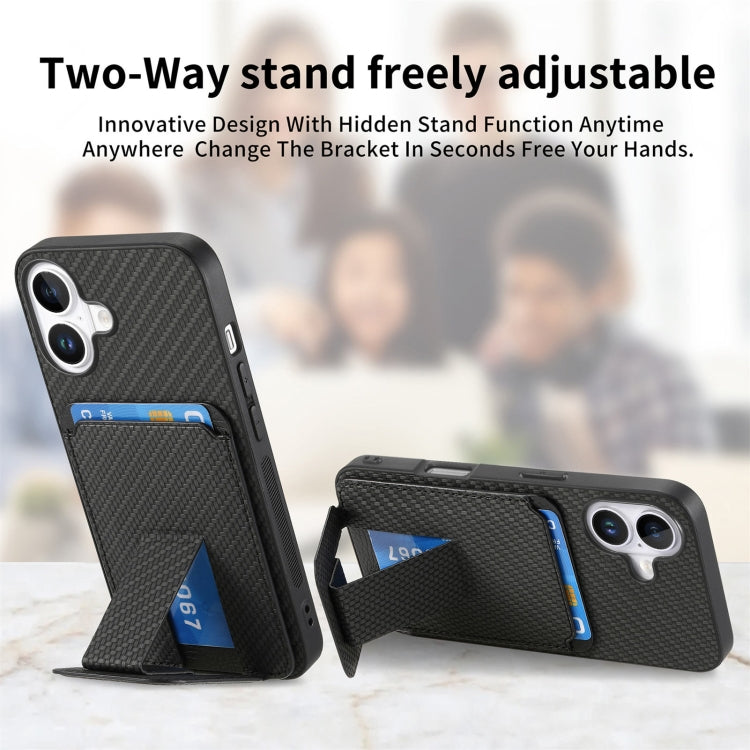For iPhone 16 Carbon Fiber Card Bag Fold Stand Phone Case