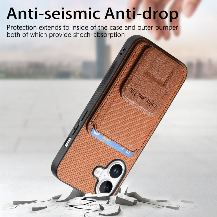 For iPhone 16 Carbon Fiber Card Bag Fold Stand Phone Case