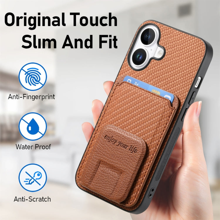 For iPhone 16 Carbon Fiber Card Bag Fold Stand Phone Case