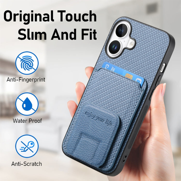 For iPhone 16 Plus Carbon Fiber Card Bag Fold Stand Phone Case
