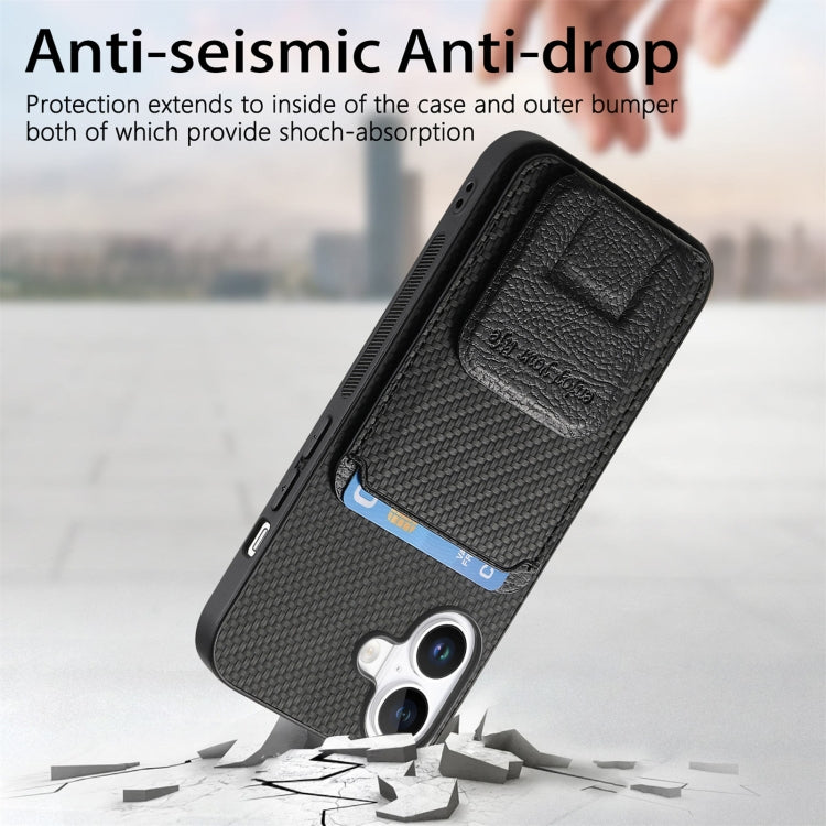 For iPhone 16 Plus Carbon Fiber Card Bag Fold Stand Phone Case