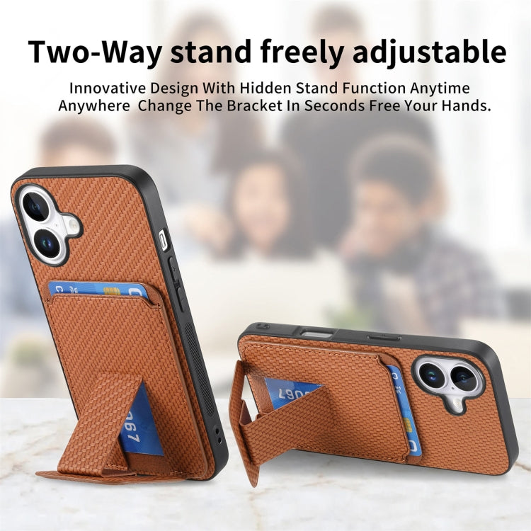 For iPhone 16 Plus Carbon Fiber Card Bag Fold Stand Phone Case