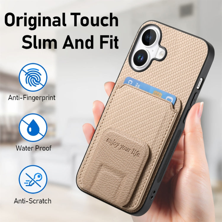 For iPhone 16 Plus Carbon Fiber Card Bag Fold Stand Phone Case
