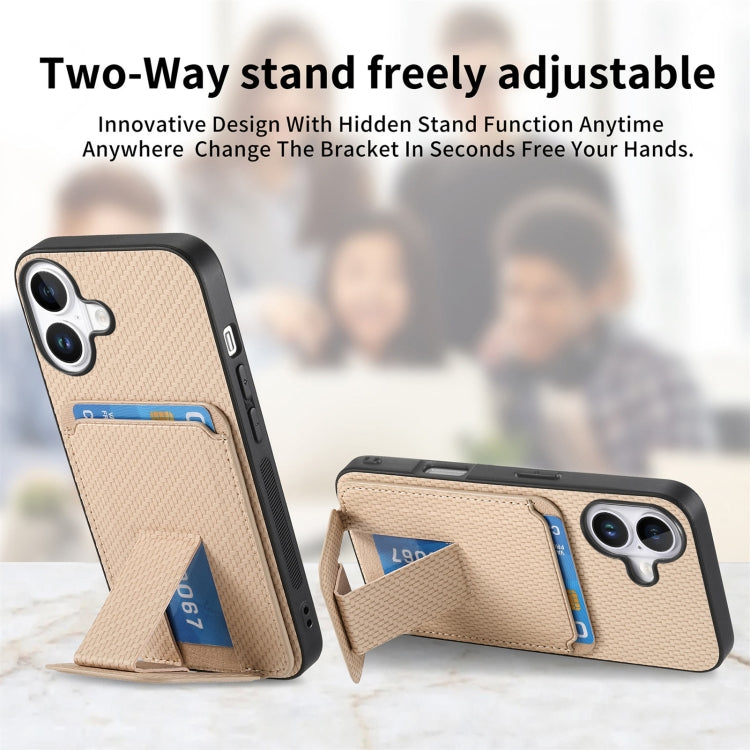 For iPhone 16 Plus Carbon Fiber Card Bag Fold Stand Phone Case