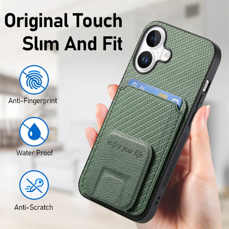 For iPhone 16 Plus Carbon Fiber Card Bag Fold Stand Phone Case